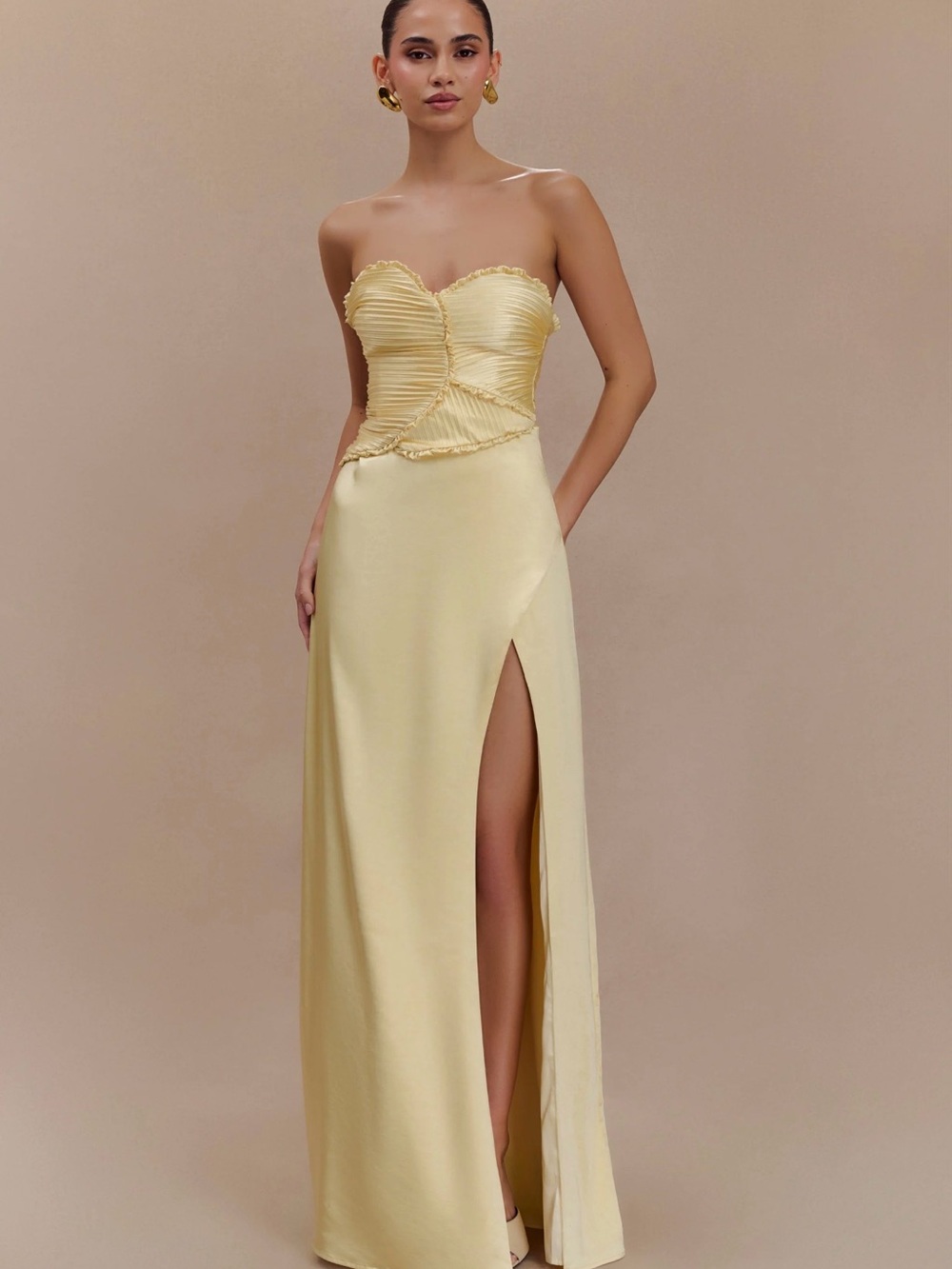 Meshki Pale Yellow Strapless Ruched Bust Gown with High Slit